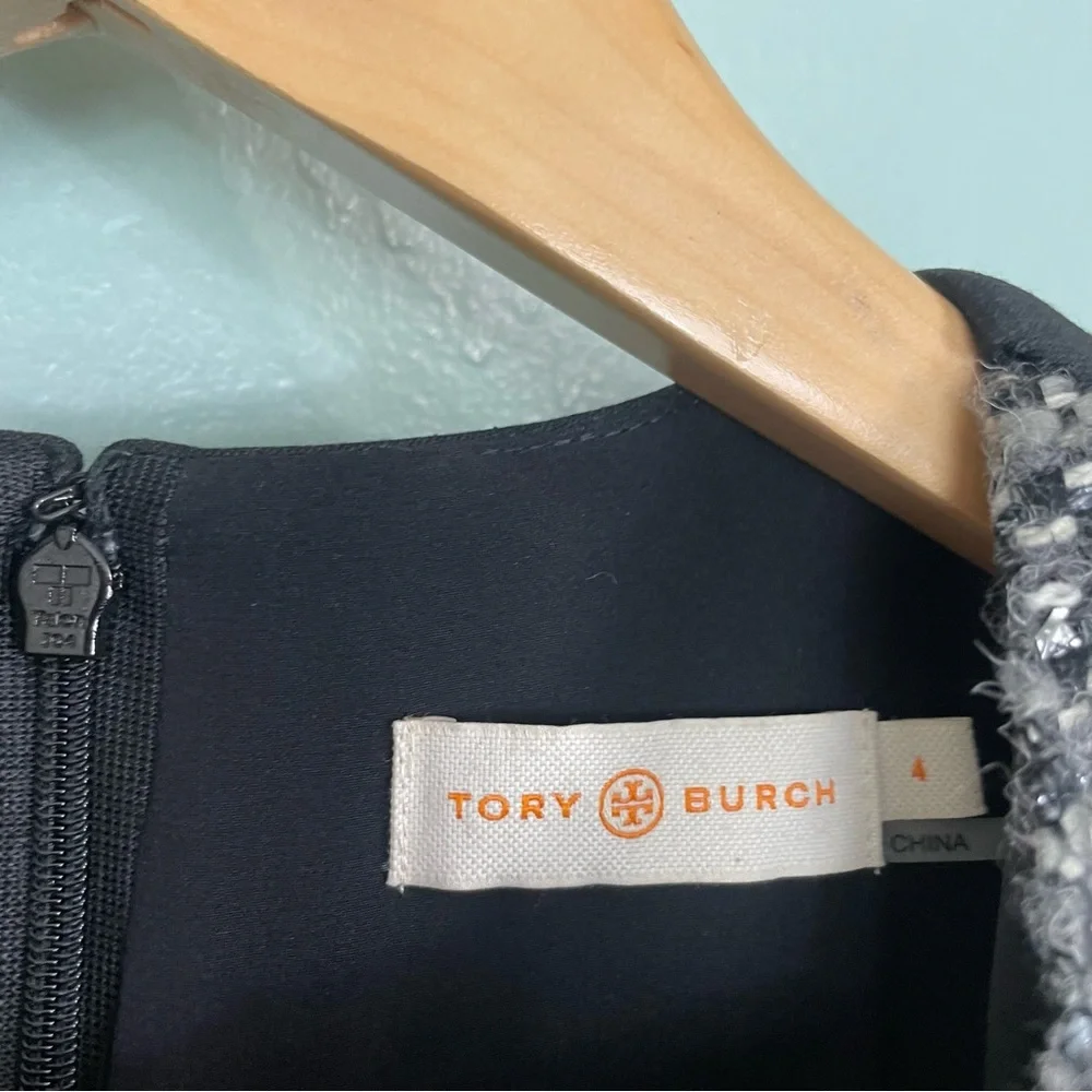 Tory‎ Burch Deandra Tweed Mock Crepe Detail Metallic Silver Mini Dress Size 4
